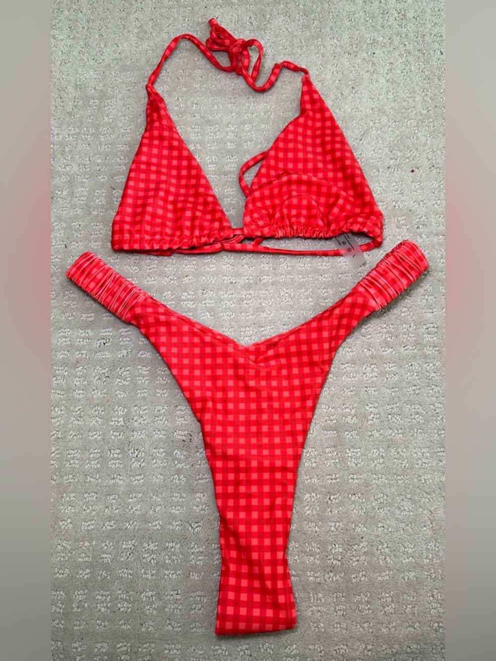 NWOT 3 Piece Bikini Bundle Gingham Check High Cut Triangle Swim‎ Pink Red Blue L - Picture 3 of 10